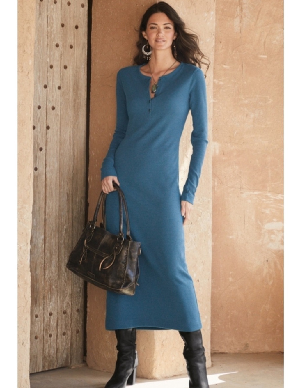Peruvian Connection Waffle Knit Henley Dress in Steel Blue